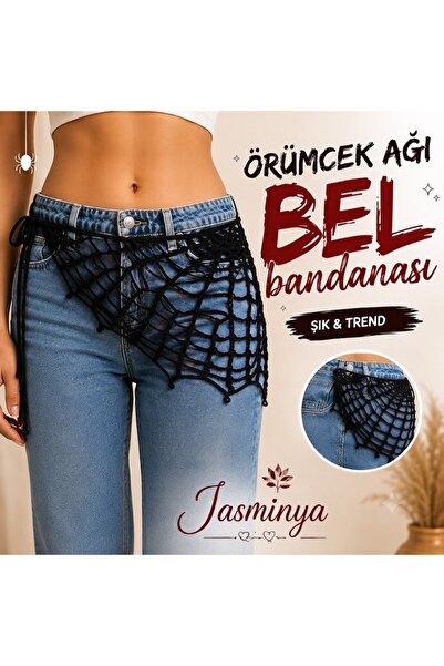 Jasminya El Yapımı Kırmızı Örümcek Ağı Üçgen Bandana & Bel Kemeri Akseauarı K...