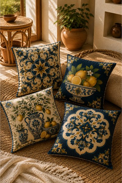 SasoHome Amalfi Blue 4’lü Dekoratif Kırlent Kılıfı Seti | Akdeniz Esintili Limon, Çini ve Botanik Desenli Premium Koleksiyon