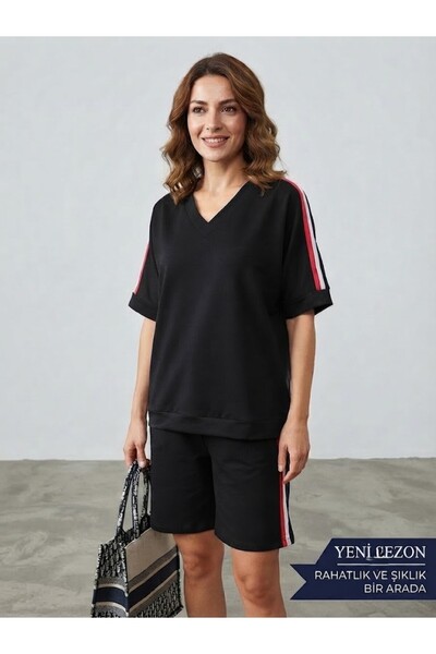 MODA NAZAN Flexible Lycra Oysho Fabric Comfort! Side Stripe Detailed Casual V...