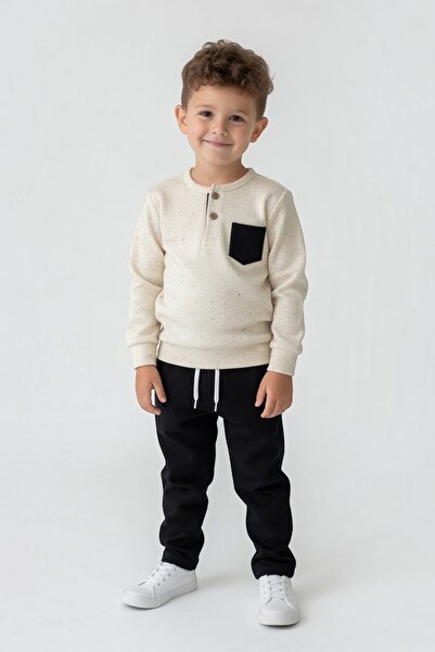 Kalyoncu Butik Collar Button Detail, Gray Fabric Cotton Black Boys' Suit