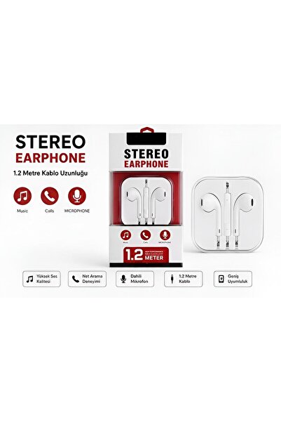 3.5 mm Jack Kablolu Stereo Kulaklık Dahili Mikrofonlu 1.2 Metre HD Ses Kaliteli Müzik ve Görüşme Uyumlu Kulak İçi Kulaklık
