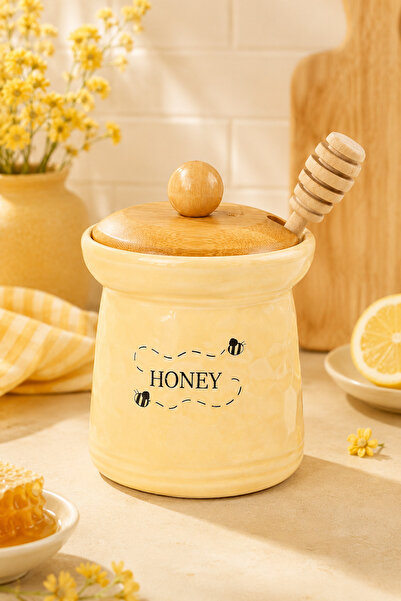 PUPSI Recipient Ceramic pentru Miere 465 ml, Borcan cu Capac din Lemn și Ling...