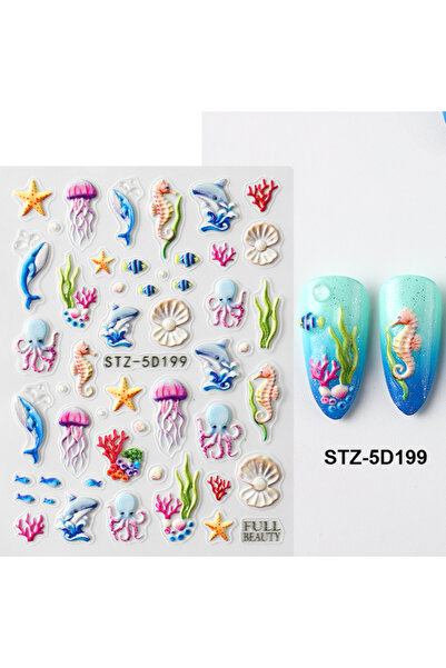 choice2 ملصقات أظافر ثلاثية الأبعاد STZ-5D199 بتصميم صيفي بحري مع أعشاب بحرية...