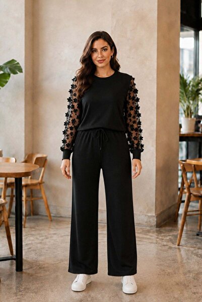 Mossta Tulle Sleeve Detailed Viscose Two-Thread Two-Piece Set - Black