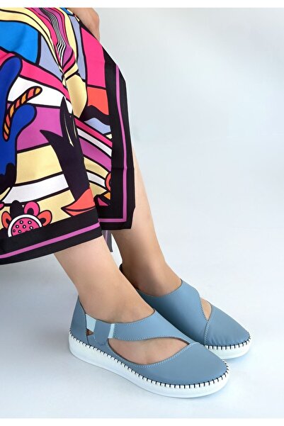 MYSSHOES Cower Blue Leather Ballerina Shoes