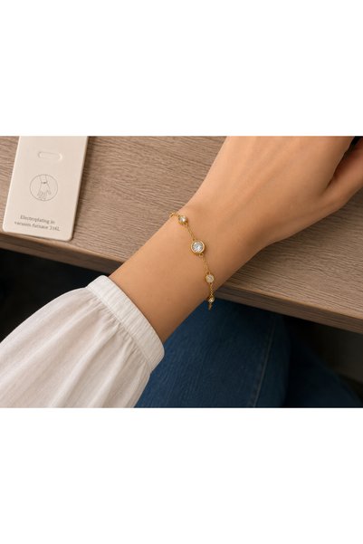 Bymiel Gold Color Multi Zircon Stone Detailed Adjustable Steel Women's Bracelet