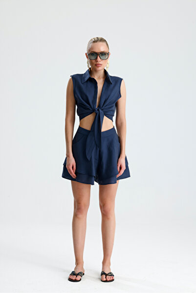 GACA COLLECTION Vega Front Tie Crop Shirt Flounce Shorts Navy Blue Set