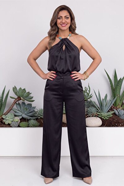 Moda Amore Halter Neck Beaded Accessory Satin Blouse Wide Leg Pants Double Se...
