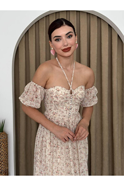 Clothes Fast Γυναικείο μπεζ μίντι φόρεμα με φλοράλ σχέδιο, ανοιχτό στους ώμου...