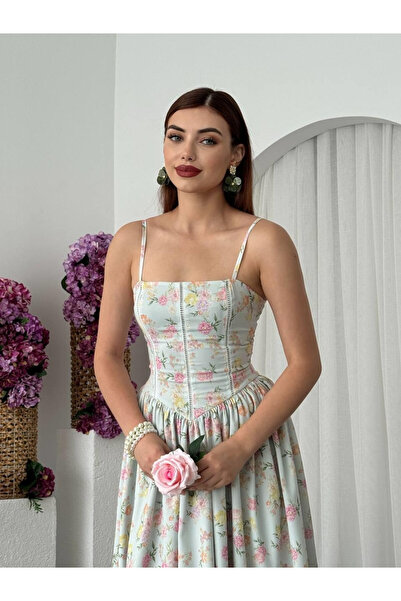Clothes Fast Women's Green Midi Dress with Thin Straps, Square Neck, Floral P...
