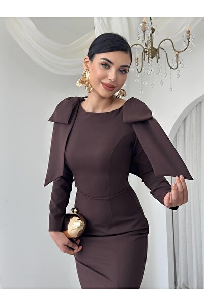 Moda Days Rochie midi maro pentru femei, cu decolteu tip crewneck, detaliu cu...