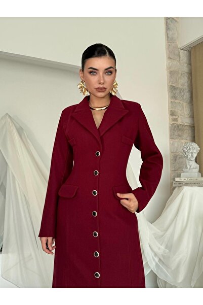 Clothes Fast Women's Burgundy Long Cashmere Jacket with Collar, Buttons, Pock...