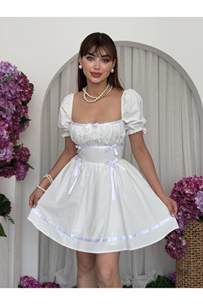 Moda Days Women's White Mini Dress Square Collar Balloon Sleeve Bow Detail Po...