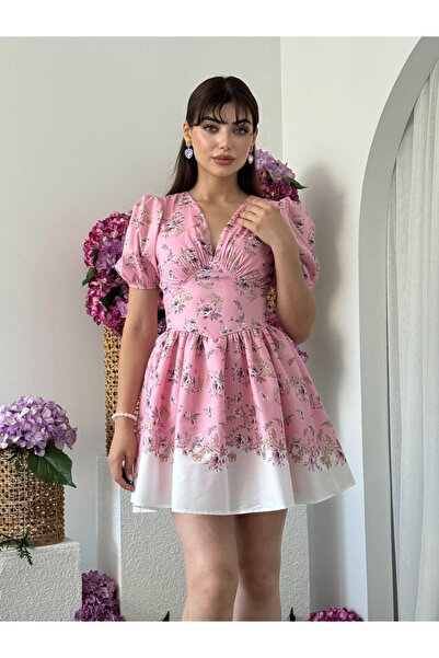 Clothes Fast Women's Pink Mini Dress Floral Pattern V-Neck Balloon Sleeves Sh...