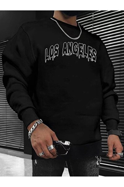 JENOLAN Men's Los Angeles Printed Crew Neck Unisex Black Oversize Sweatshirt