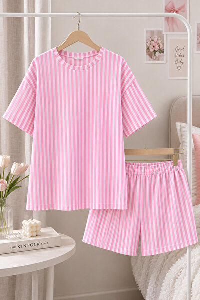 ÖZ PAMUK Set de tricou și pantaloni scurți cu bretele în dungi pentru femei, ...