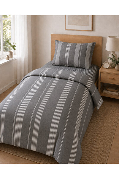 Nevora Gray Striped Single Duvet Cover Set 3 Piece Bedding Set with Sheets