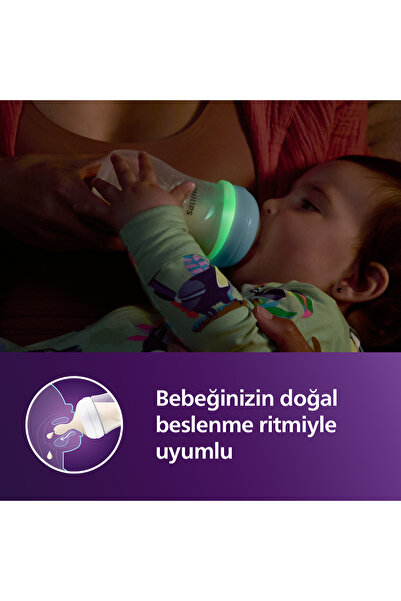 Philips Avent Doğal Tepkili Gece Biberonu 260 ml , No:3 , Karanlıkta Parlar, SCY903/81
