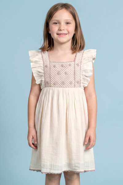 R&B Crochet Detail Fit & Flare Dress with Square Neck and Flutter Sleeves