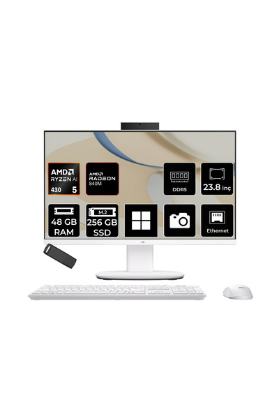 ASUS Expertcenter V600 Aio (VM640GA) AMD RYZEN AI 5 430 48GB RAM 256GB SSD AMD Radeon 840M 23.8" Full HD (1920x1080) Win11 Pro VM640GA-WPC030WP531 Beyaz All In One Bilgisayar + Per4 USB Bellek