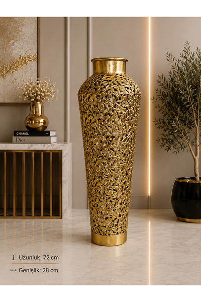 Hinora Dekoratif Metal Yer Vazosu 72 cm Gold Ajurlu Yaprak Desenli Büyük Boy ...