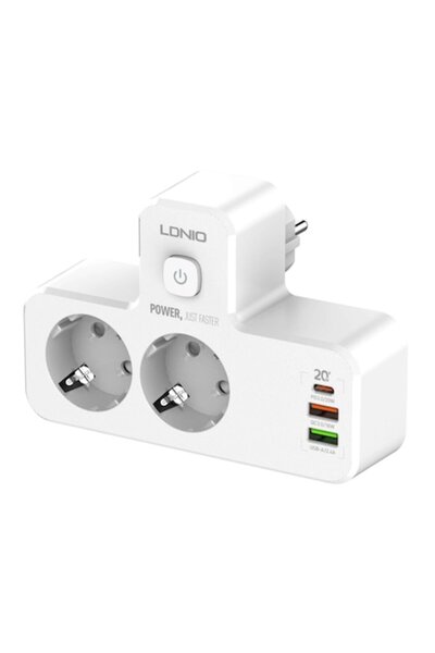 LDNIO Adaptor de priză SE2337, 2 prize, 2xUSB-A, 1xUSB-C, Încărcare rapidă QC...