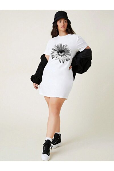 classy moda Μπλουζάκι Oversize Extra Long Tunik με σχέδιο μαργαρίτας και μοτί...