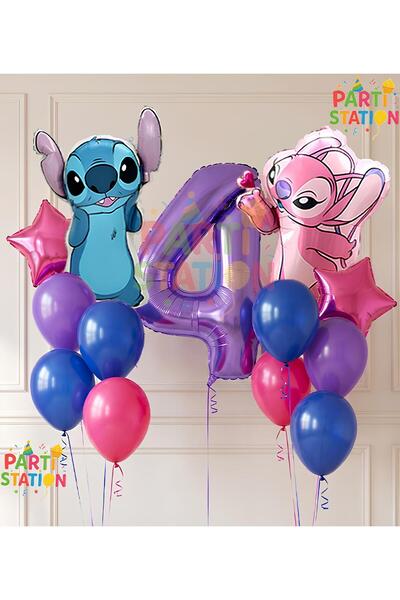 Parti Station Lilo Stitc Balloon and Angel Balloon 4 Years Old 13 Piece Purpl...