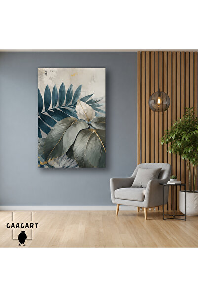 GAAGART Tekli Dikey Kanvas Tablo Mavi Gri Manolya Yaprakları Ressam Dokulu Bo...