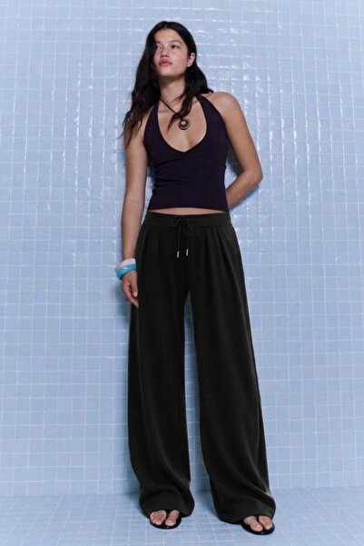 DAMGA JEANS Women's Pleated Black Palazzo Fabric Trousers