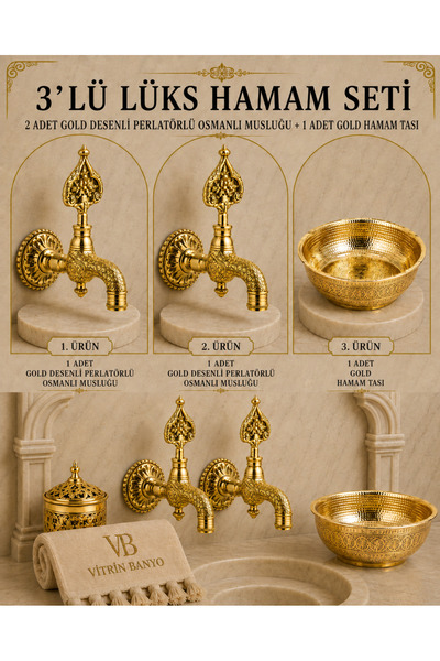 vb vitrinbanyo 3'lü Lüks Hamam Seti 2 Adet Gold Desenli Perlatörlü Osmanlı Mu...