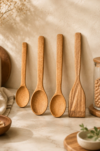 Seral Pastel 4-Piece Wooden Serving Spoon and Spatula Set