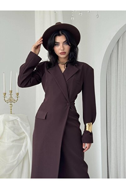 Clothes Fast سترة نسائية بنية متوسطة الطول بياقة مزدوجة الصدر وزر واحد وقصة غ...