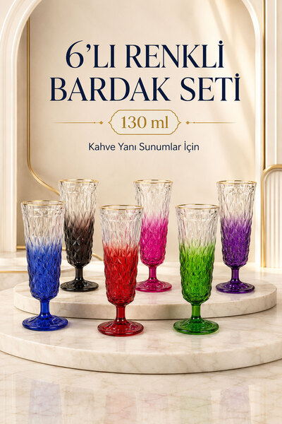 Mutfiko Set of 6 Colorful Footed Coffee Water Glasses 130 ml Gold Gilded Crys...