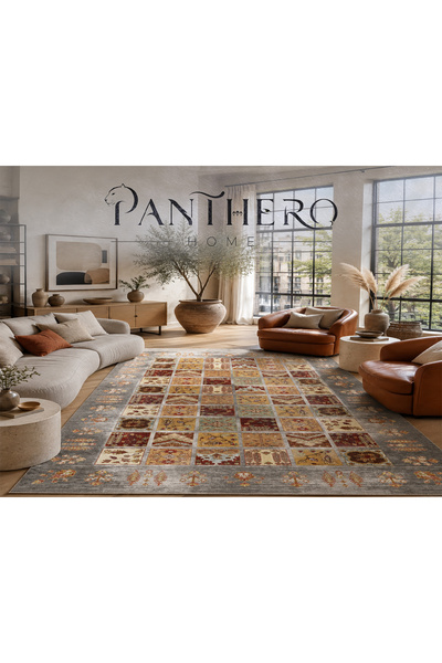 Panthero Home Gri Kare Patchwork Klasik Desenli Halı Kaymaz Taban Süngerli Yı...