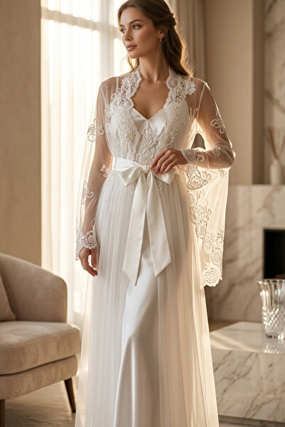 big mama Bridal Robe Set: Lace Embroidered Stylish Satin Nightgown and Honeym...