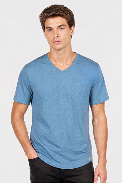 Free Planet Men V-Neck Short Sleeve Plain T-Shirt, Slate Blue