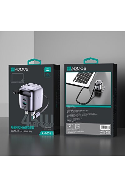 ADMOS شاحن سريع بتقنية GaN مع كابل USB-C قابل للسحب بطول 650 مم |   شاحن حائط...