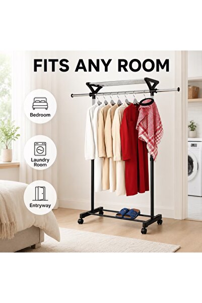 Generic Brand Adjustable Double Rod Clothes Rack with Wheels, Telescopic Garm...