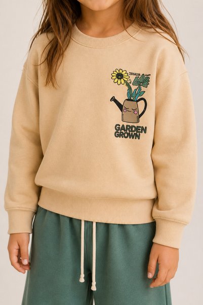 Zekalya Girl's Front and Back Printed Two-Thread Brushed Sweatshirt Wide-Leg Sweatpants Set