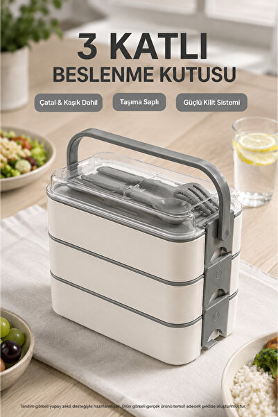 Open Home Concept Anthracite 3-Tier Lunch Box, Cutlery Included, Lockable Lid...