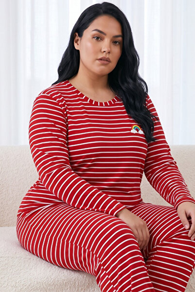 Siyah İnci Red and White Striped Patterned Large Size Oversized Viscose Knitt...