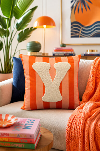 Pilloveland Punch Embroidered Throw Pillow Cover - 43*43 cm - Orange Letter Y...