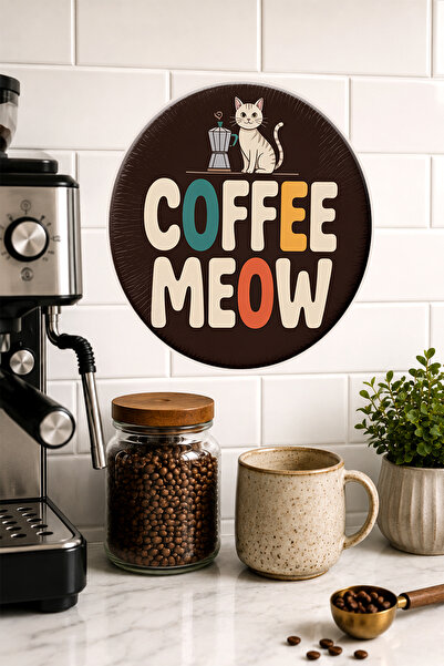 Mayeka Coffee Meow Round Mdf Table with Cute Cat and Moka Pot Illustration Co...