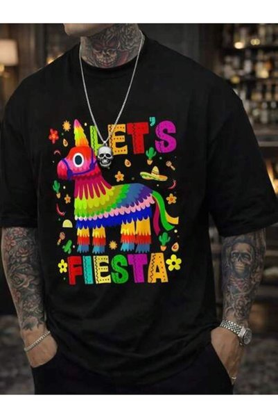 21JNRY تي شيرت رجالي مطبوع عليه LET'S FIESTA، ملابس رجالية للعطلات، الرابع من...