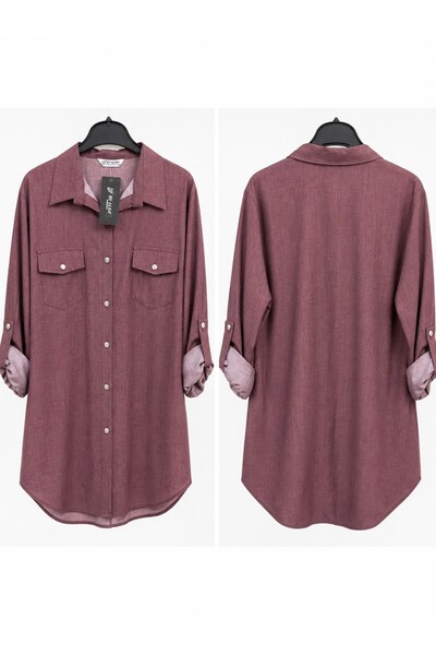By Alba Collection Women's Burgundy Double Pocket Tencel Fabric Plus Size Shirt