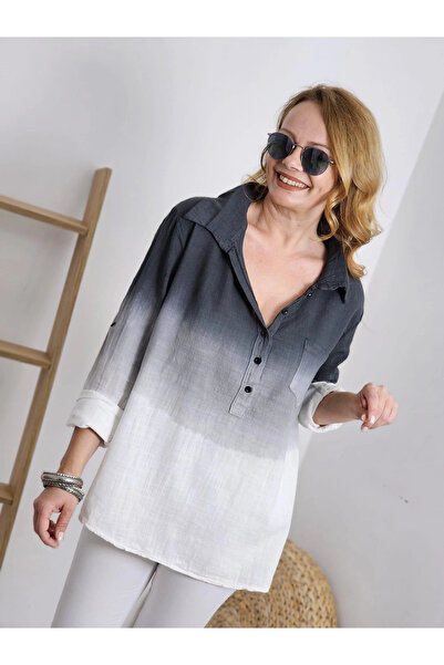 MetuCA Women's Black Ecru Gradient Ombre Linen Textured Bohemian Tunic Shirt