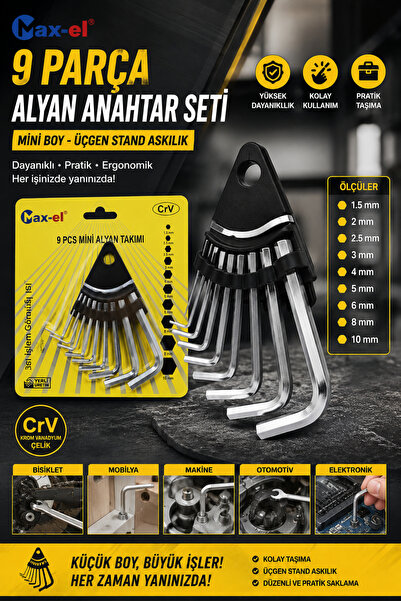 GÖZDE AKKURT 9 Parça Mini Alyan Anahtar Seti | Cr-V Krom Vanadyum Çelik | Üçg...