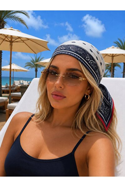 Axesoire 13749-7 Kırmızı Kenarlıklı Lacivert Saten Bandana Fular 70x70 cm