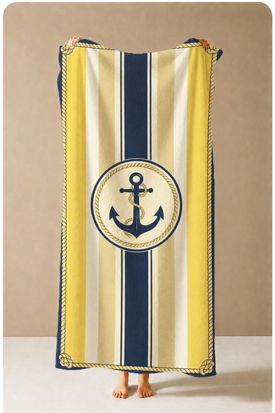 Evmila Sailor Yellow Navy Blue Striped Anchor Patterned 70X150 Beach Towel - ...
